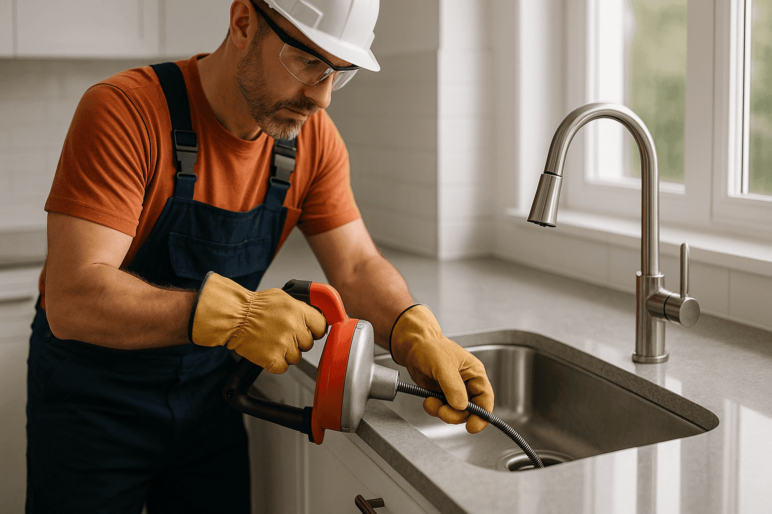 Plumber using drain auger on kitchen sink drain
