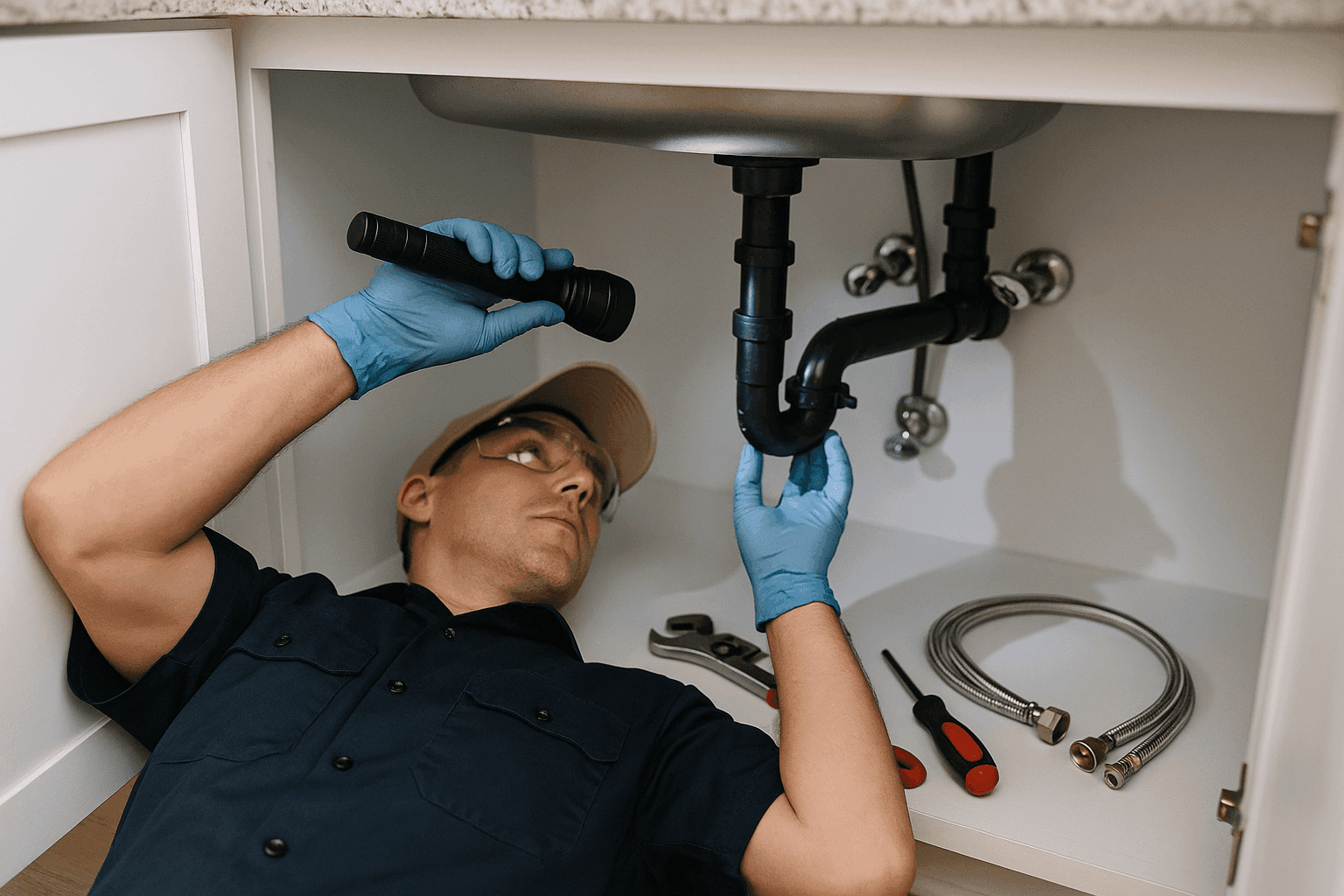 Homeowner inspecting plumbing pipes under kitchen sink for leaks