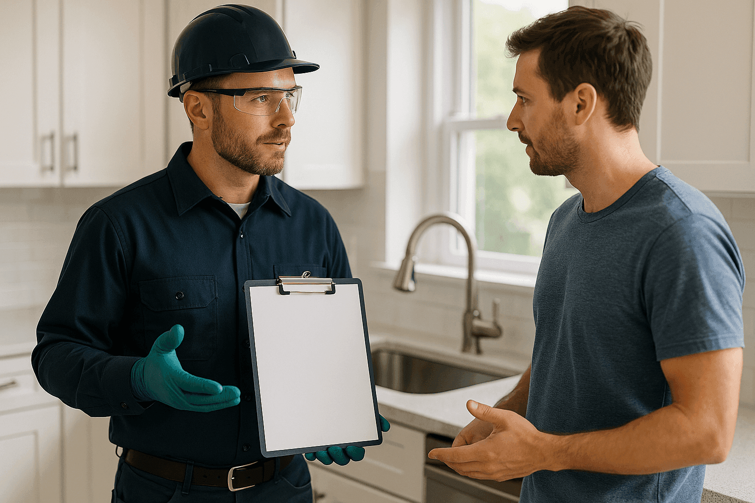 Plumber holding estimate sheet and explaining cost to homeowner