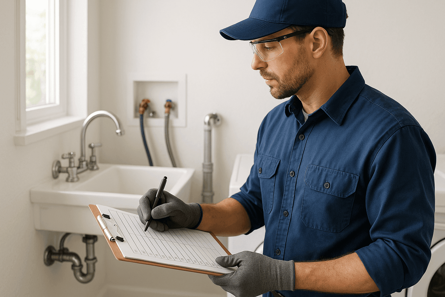 Plumber performing multi-point plumbing inspection in laundry room