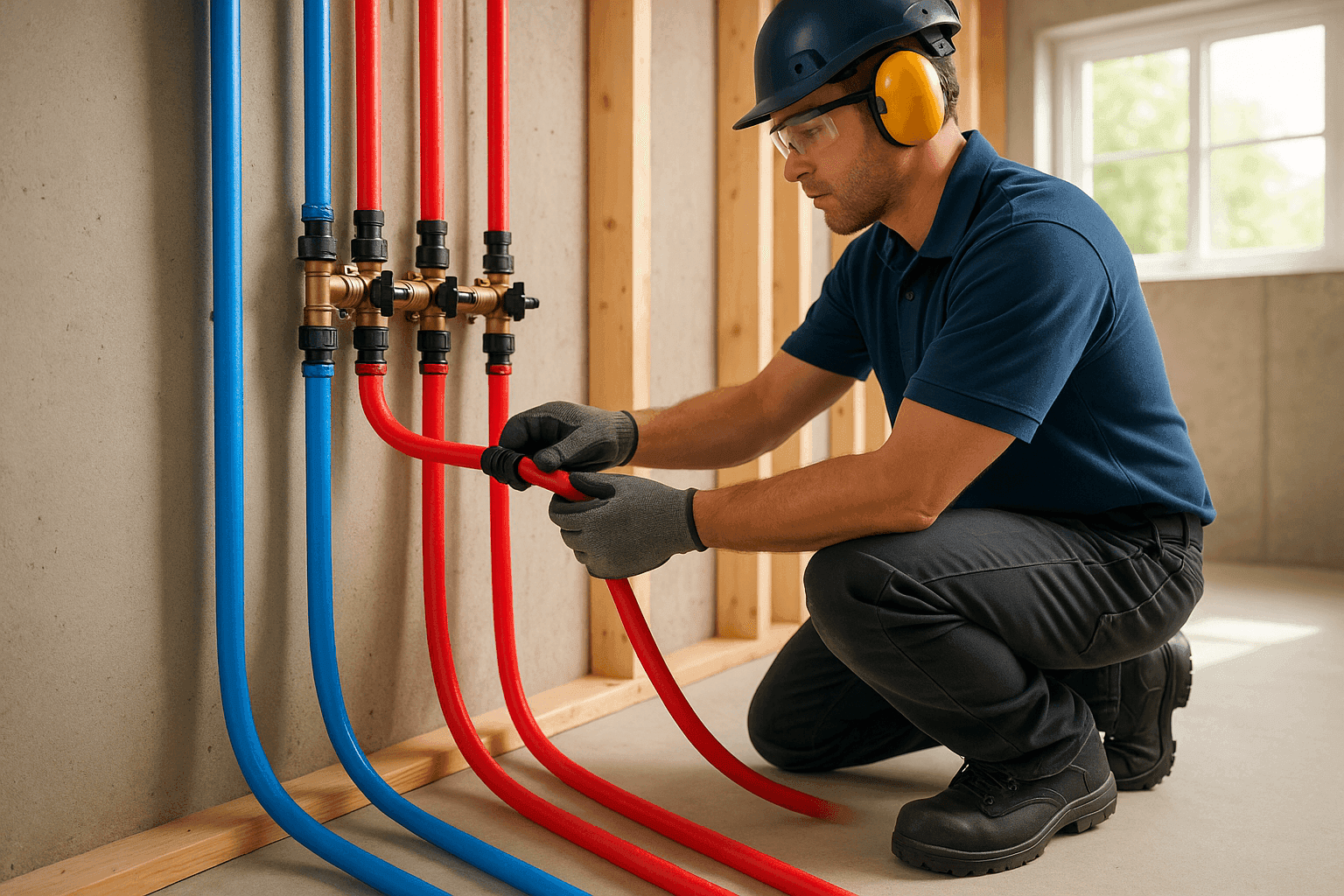 Plumber installing new PEX pipes in a residential basement