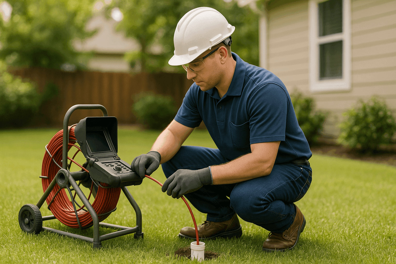 Plumber performing sewer camera inspection in backyard