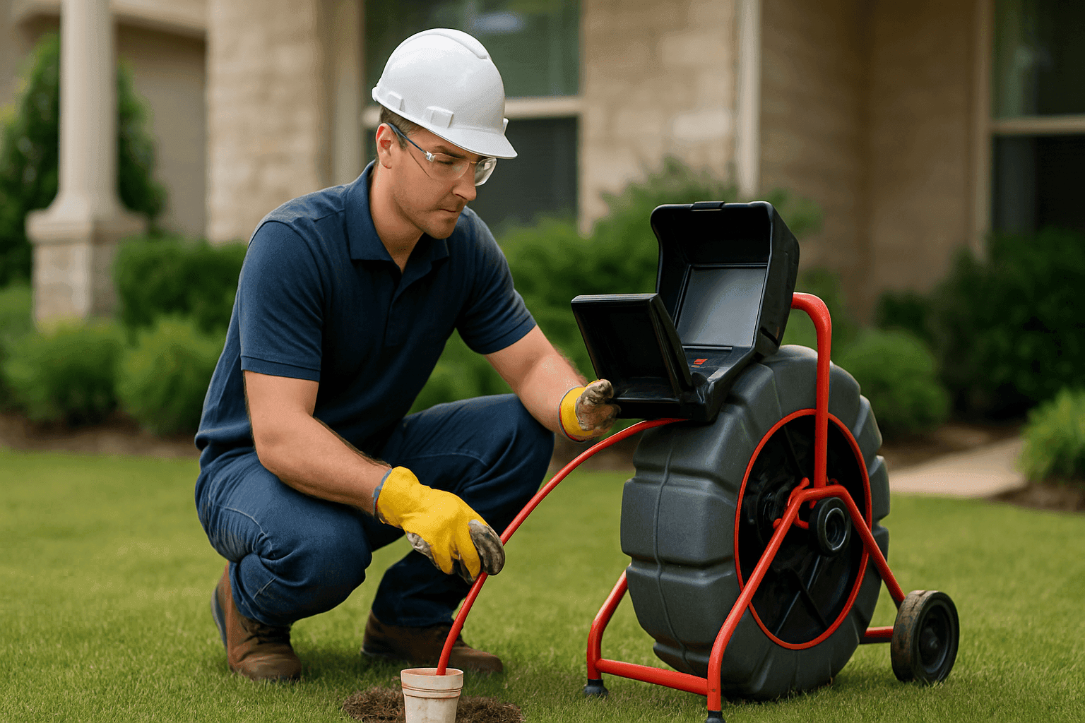 Plumber using a sewer camera to inspect residential sewer line