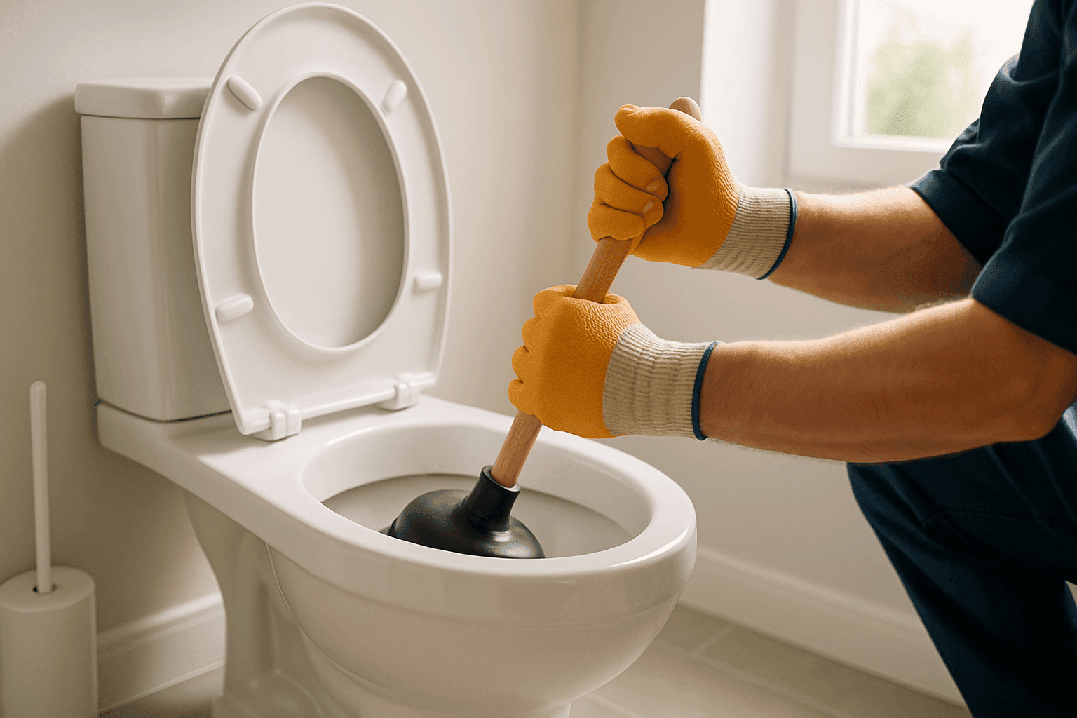 Homeowner using plunger on clogged toilet in bathroom