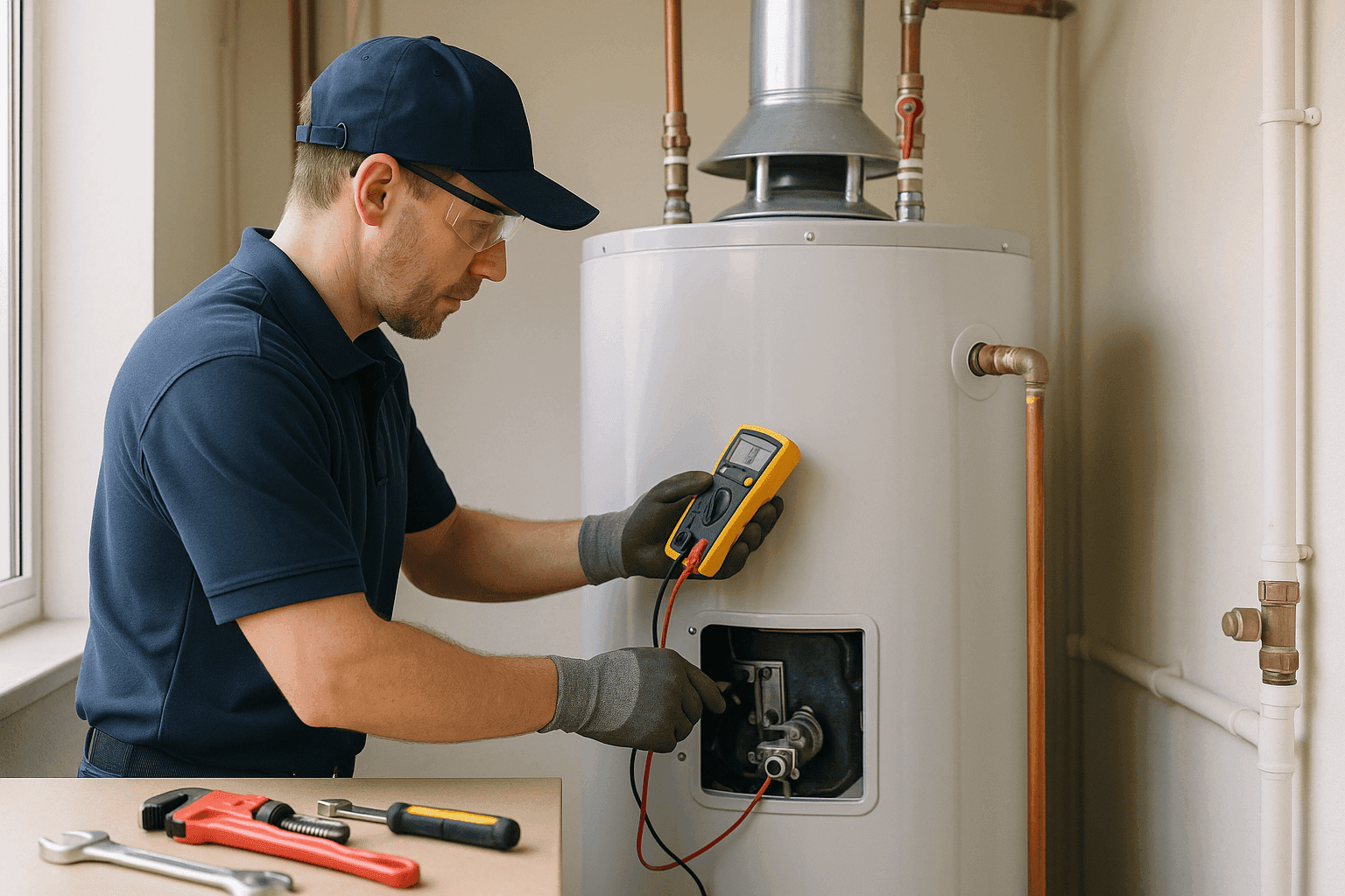 Professional plumber conducting gas safety inspection on water heater
