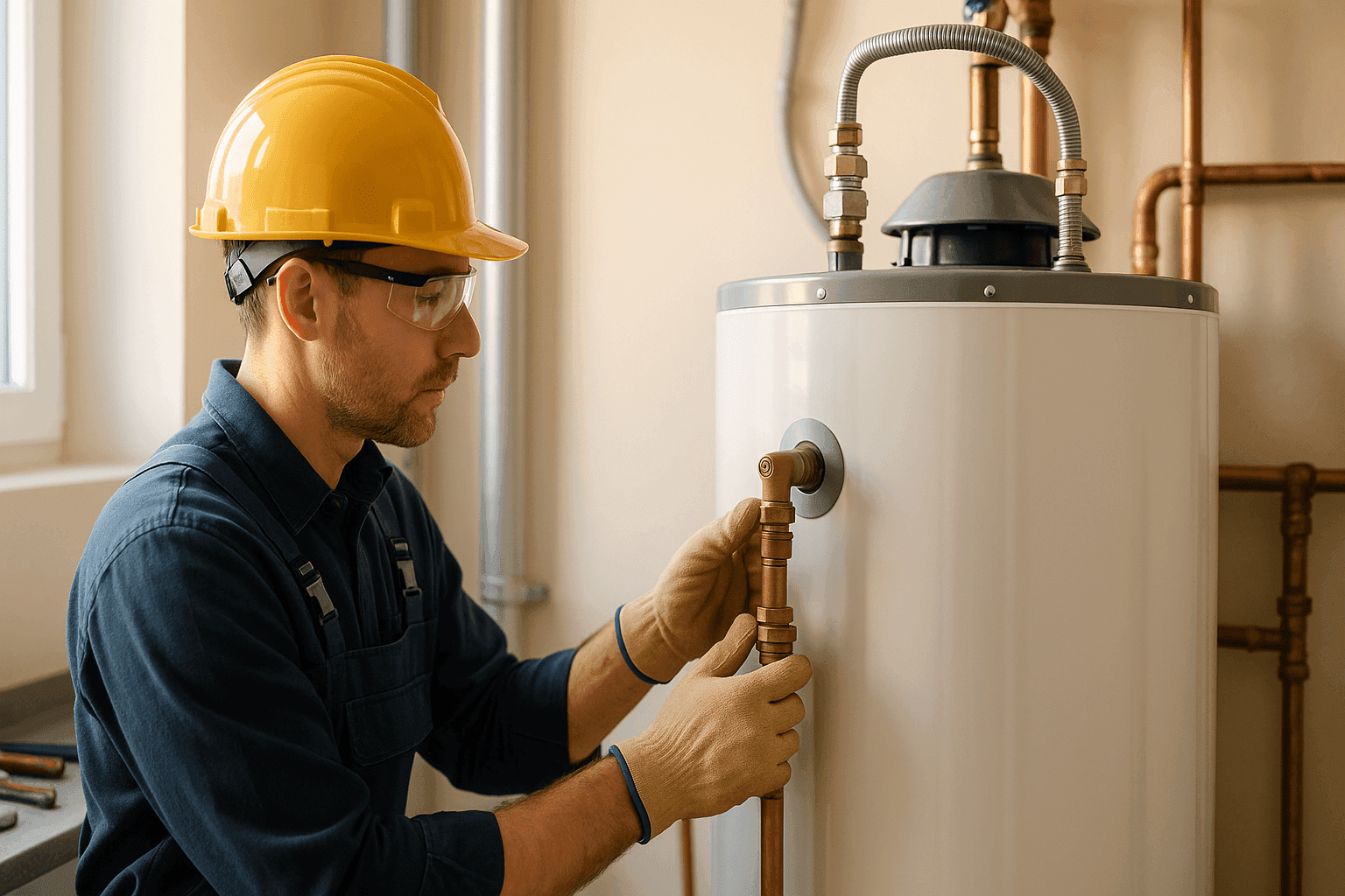 Plumber inspecting residential water heater in utility room